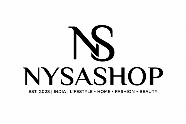 NYSASHOP logo with stylized 'NS' monogram and the text 'EST. 2023 | INDIA | LIFESTYLE • HOME • FASHION • BEAUTY' on a plain white background.